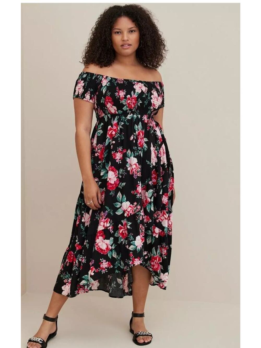 Torrid Floral Off Shoulder Hi-Low Maxi Dress Plus Size 5X Black Boho Challis
